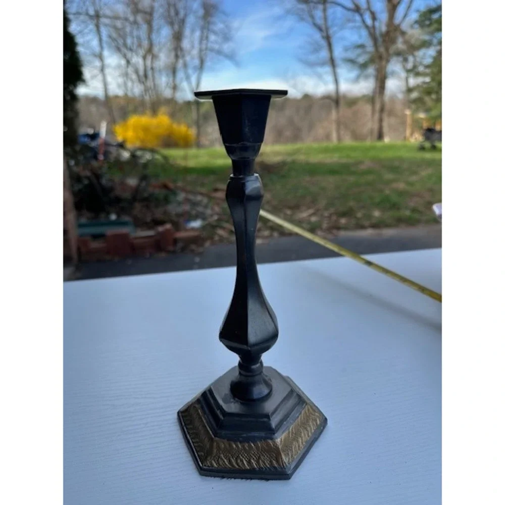 Vintage Black and Gold Hexagonal‎ Metal Candlestick Holder Embossed 8.5 Inch